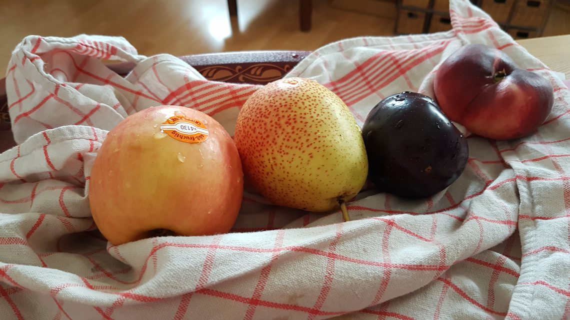 Auf dem Foto sieht man einen Apfel, eine Birne, eine Pflaume und eine Nektarine auf einem Küchentuch
